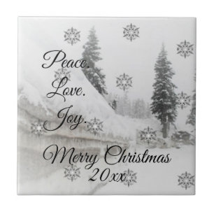 Peace Love Joy   Black & White Snowfall Christmas Tile