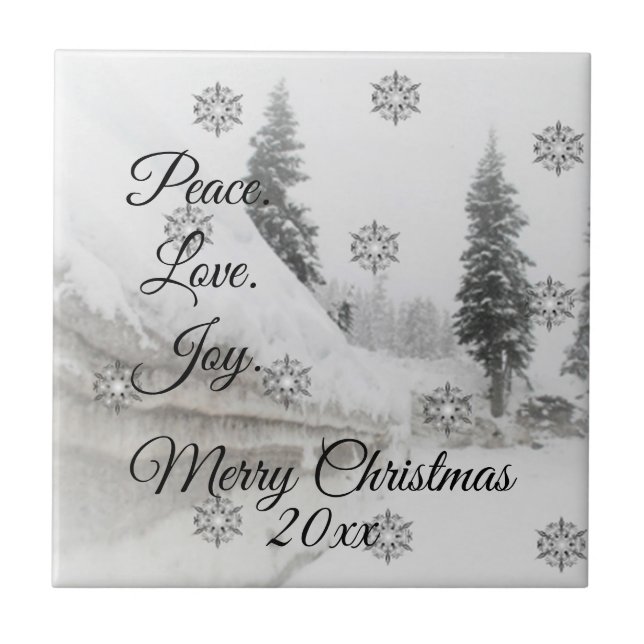 Peace Love Joy | Black & White Snowfall Christmas Tile (Front)