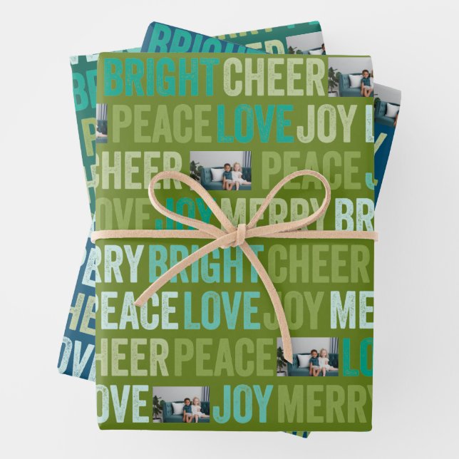 Peace Love Joy Bright Merry Cheer with 1 Photo Wrapping Paper Sheet (In situ)