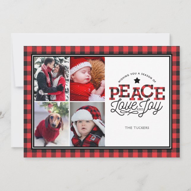 PEACE Love Joy Buffalo Plaid Border 4-Photo Card (Front)