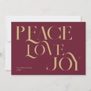 Peace Love Joy Burgundy Gold Elegant Christmas Holiday Card