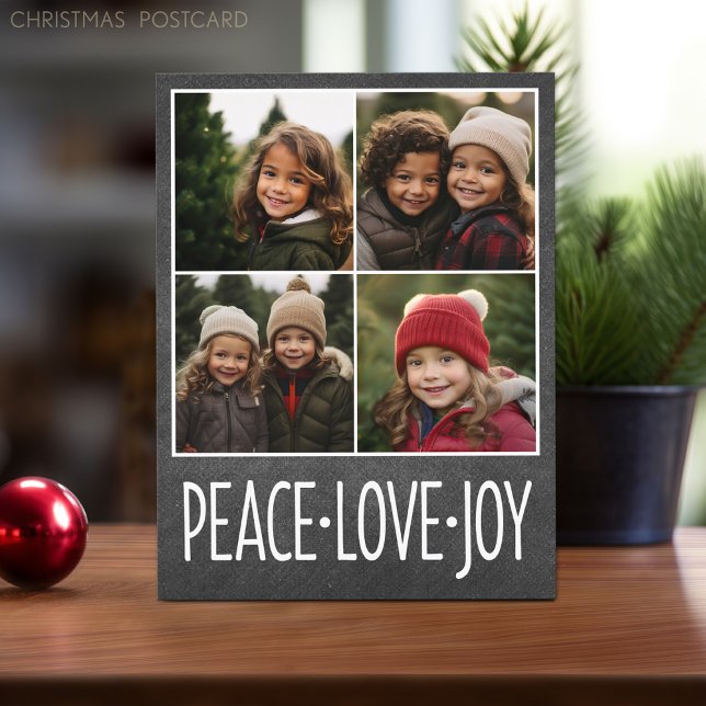 Peace Love Joy Chalkboard 4 Photo Collage Holiday Postcard (Christmas Postcard with 4 photos)