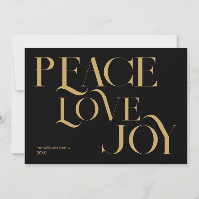Peace Love Joy Chic Black Gold Elegant Christmas Holiday Card (Front)
