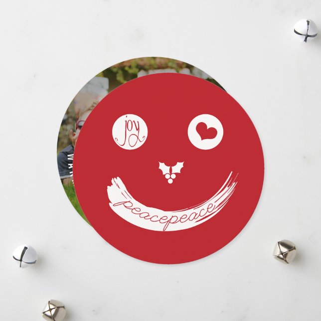 Peace Love Joy Christmas Funny Face On Red Photo Holiday Card (Front/Back In Situ)