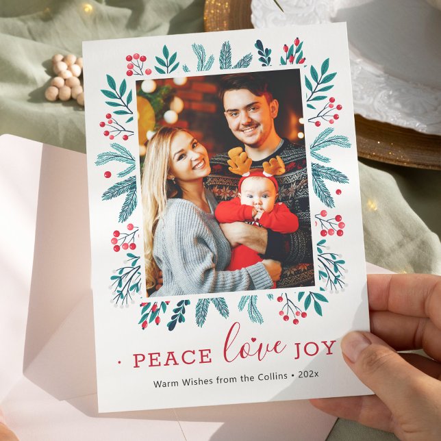 Peace Love Joy Christmas Holly Berries Photo Holiday Card (Creator Uploaded)