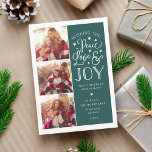 Peace, Love & Joy | Christmas Photo Card<br><div class="desc">Beautiful typography based holiday photo card features three of your favourite family photos in a square format along the left side. "Wishing you peace, love and joy this holiday season and always" appears on the right in white hand lettered typography on a spruce green background dotted with festive stars. Customise...</div>
