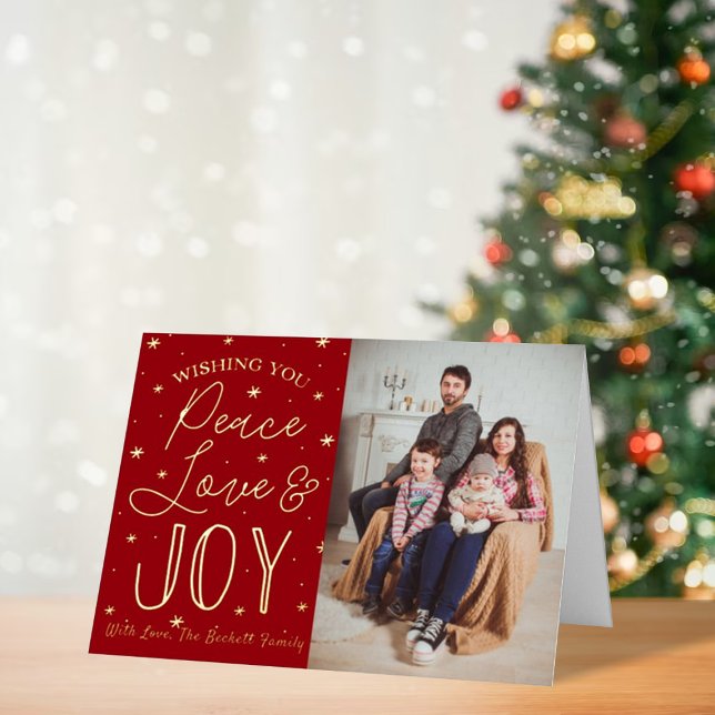 Peace, Love & Joy Christmas Photo Real Foil Holiday Card (Creator Uploaded)