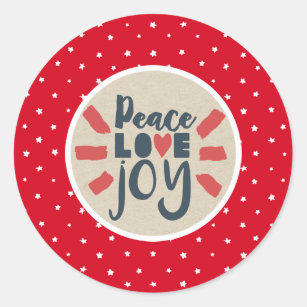 PEACE LOVE JOY Christmas Red Stars Kraft Holiday Classic Round Sticker