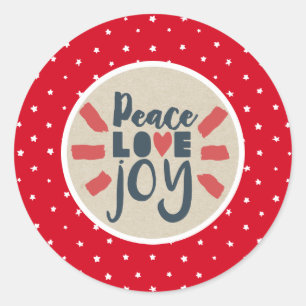 PEACE LOVE JOY Christmas Red Stars Kraft Holiday Classic Round Sticker