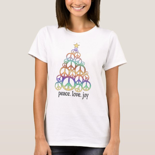 Peace Love Joy Christmas Tree Peace Signs T-Shirt (Front)