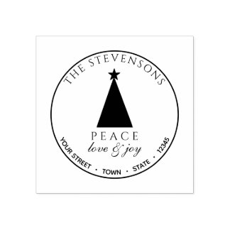Peace Love & Joy , Christmas Tree Return Address Rubber Stamp