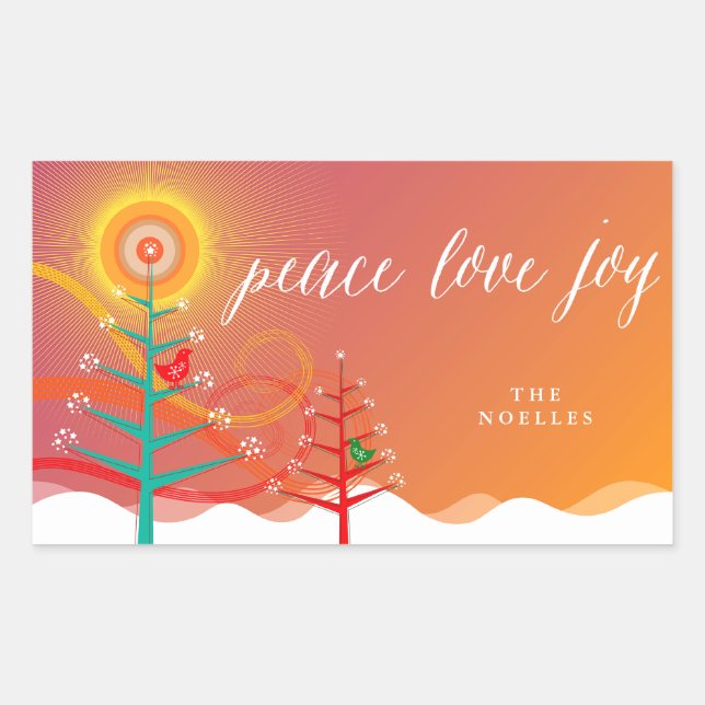 Peace Love Joy Christmas Trees Snow Chicks Holiday Rectangular Sticker (Front)