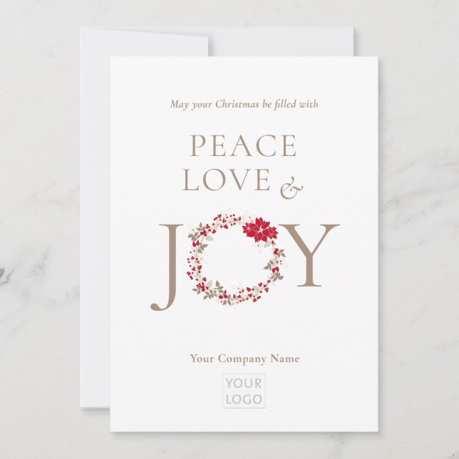 PEACE LOVE JOY Christmas Wreath Business Holiday Card (Front)