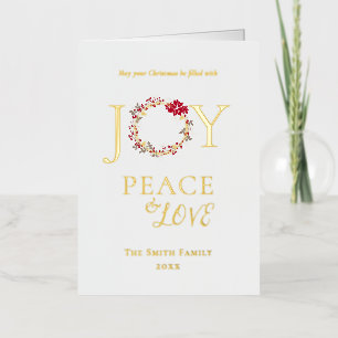 Peace, Love & Joy Christmas Wreath Red Beige Foil Holiday Card