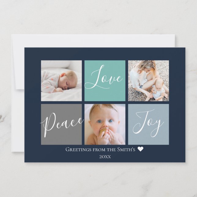 Peace Love Joy Colour Block Multi Photo Holiday Card (Front)