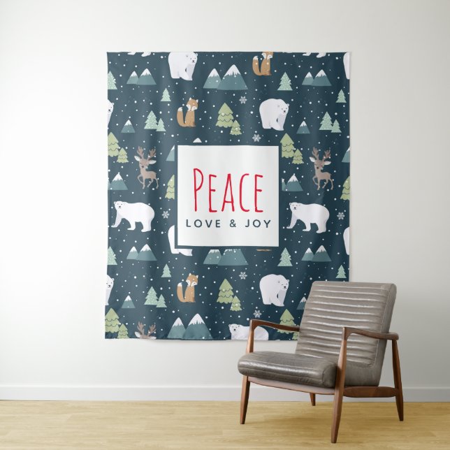 Peace Love & Joy Cute Christmas Animals Pattern Tapestry (In Situ)