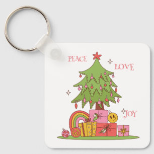 Peace, Love & Joy - Cute Retro Christmas Tree  Key Ring