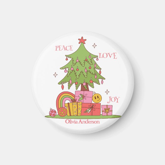 Peace, Love & Joy - Cute Retro Christmas Tree  Magnet (Front)