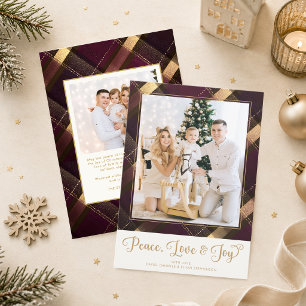 Peace Love & Joy Elegant Plaid 2 Photos Christmas Holiday Card