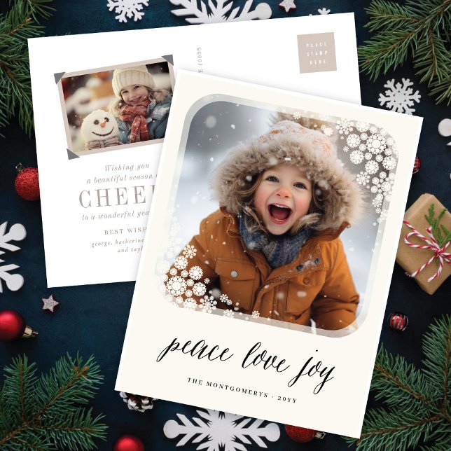Peace Love Joy Elegant Snowflakes Frame Chic Photo Holiday Postcard (Creator Uploaded)
