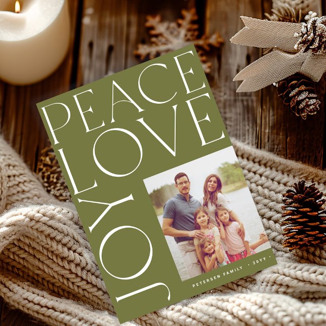 Peace Love Joy family photo green Christmas Holiday Card (Creator Uploaded)