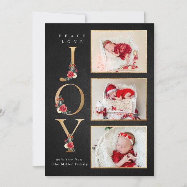 Peace Love Joy Festive Winter Floral Berries Photo Holiday Card (Front)