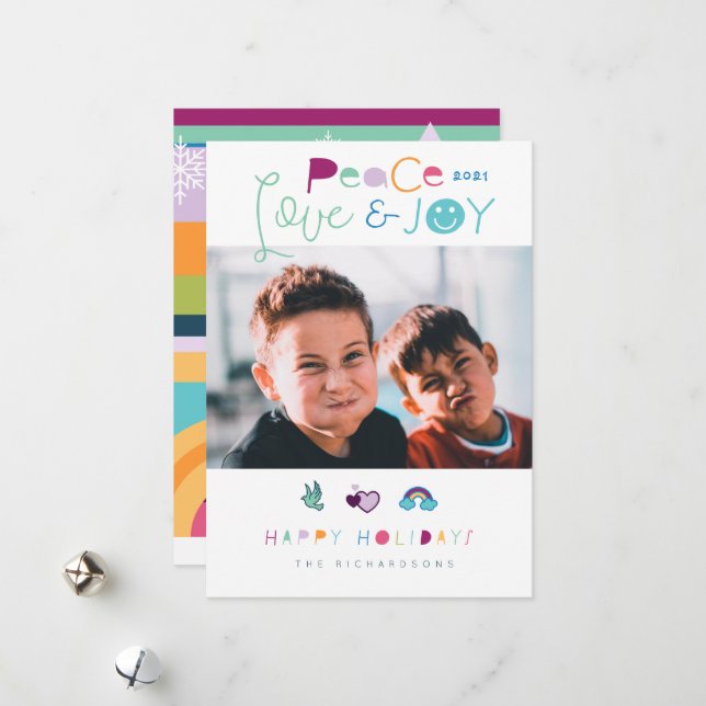 Peace Love & Joy Fun Bright Christmas Emoji Photo  Holiday Card (Front/Back In Situ)
