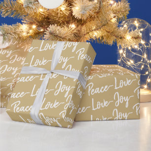Peace, Love, Joy   Gold and White Christmas Wrapping Paper