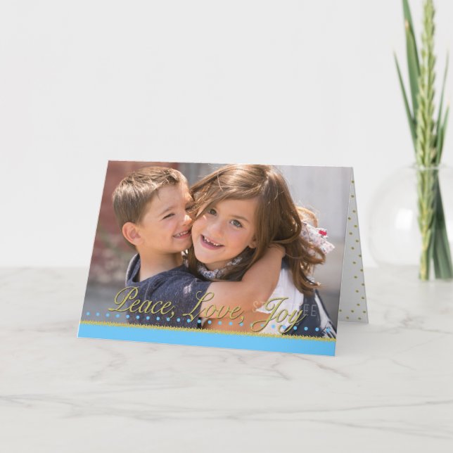 Peace Love Joy Gold Dots Holiday Photo Card (Front)