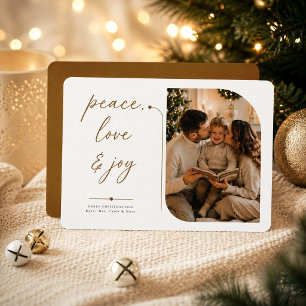 Peace Love Joy Gold Modern Family Photo Christmas Holiday Card