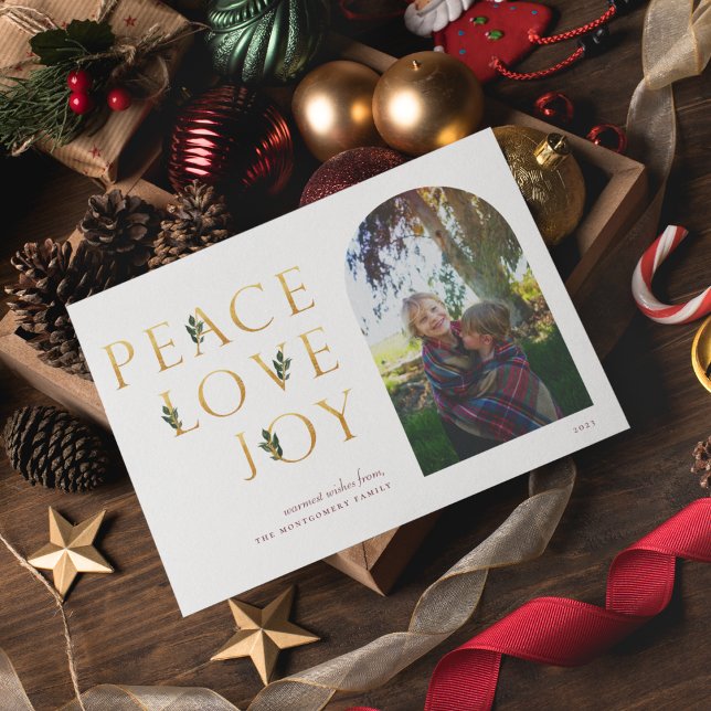 Peace Love Joy Golden Photo Holiday Card (Creator Uploaded)