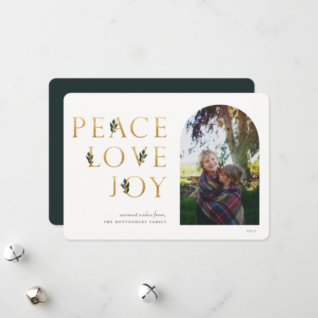 Peace Love Joy Golden Photo Holiday Card (Front/Back In Situ)