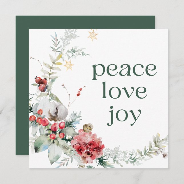 Peace Love Joy Green Square Holiday Card (Front/Back)