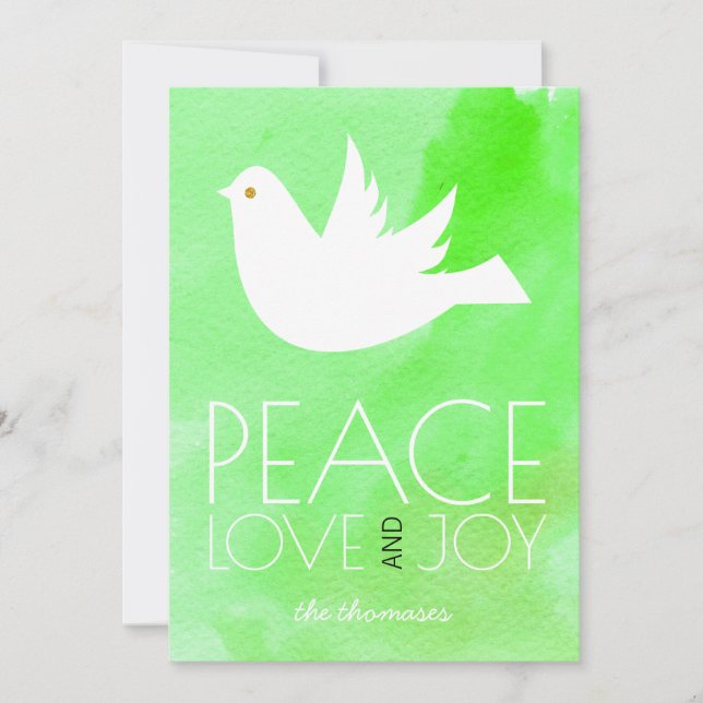 Peace, love, joy green watercolor & dove Christmas Holiday Card (Front)