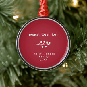 Peace Love Joy Holly Berries Holiday Christmas Red Metal Tree Decoration