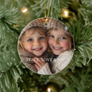 Peace Love Joy Minimal Classic Christmas Photo Ceramic Tree Decoration