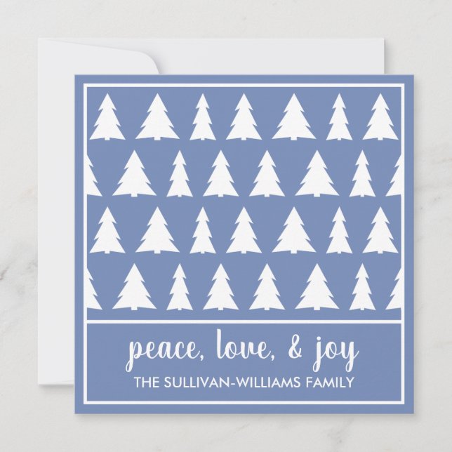 Peace Love Joy Modern Blue White Tree Pattern Holiday Card (Front)