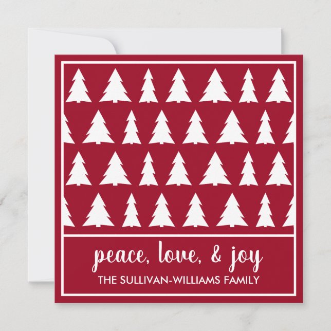 Peace Love Joy Modern Burgundy White Tree Pattern Holiday Card (Front)