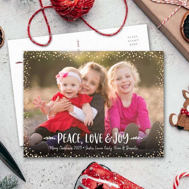 Peace Love Joy Modern Chic Typography Custom Photo Holiday Postcard (Creator Uploaded)