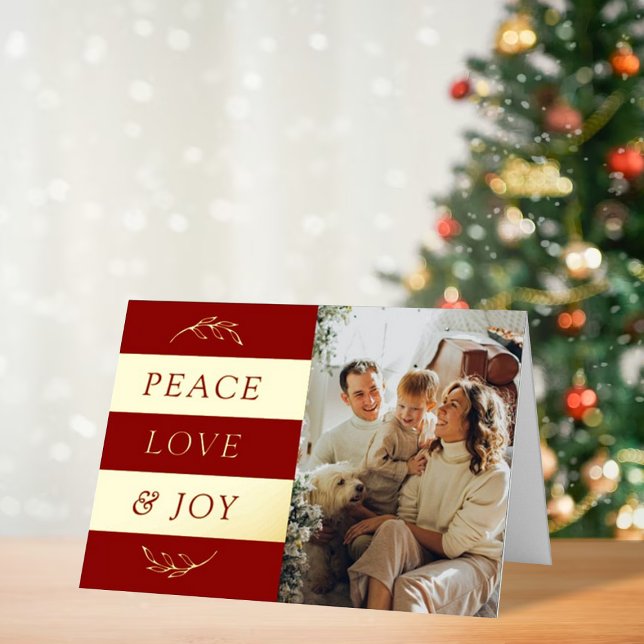 Peace, Love & Joy Modern Photo Christmas Real Foil Holiday Card (Creator Uploaded)