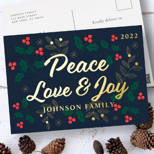 Peace Love & Joy Modern Red Holly Berries Foliage Foil Holiday Postcard