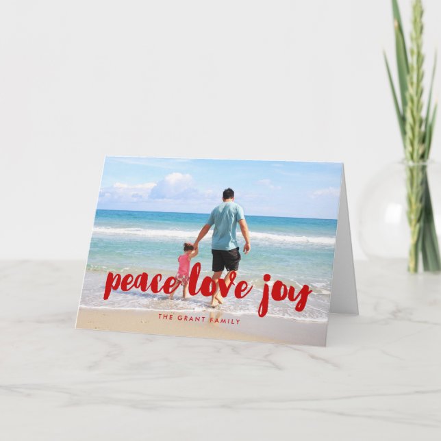 Peace Love Joy Modern Red Photo Holiday Card (Front)