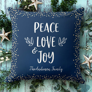 Peace Love Joy Modern Script Gold Dots Navy Name Cushion