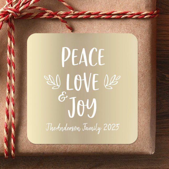 Peace Love Joy Modern Typography Gold Foil Holiday Square Sticker (Creator Uploaded)