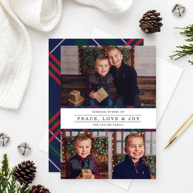 Peace Love Joy Navy Tartan Plaid Photo Collage Holiday Card (Creator Uploaded)