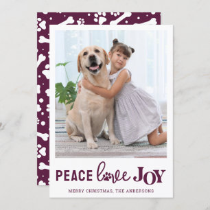 PEACE LOVE JOY Personalised Plum Dog Pet Photo Holiday Card