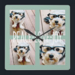 Peace Love Joy Photo Collage Holiday Greeting Square Wall Clock<br><div class="desc">Mint and Ice Blue - Use 4 square or instagram pictures to make a unique and trendy Merry Christmas memento. If you need to move anything around,  click on the customise button to make changes.</div>