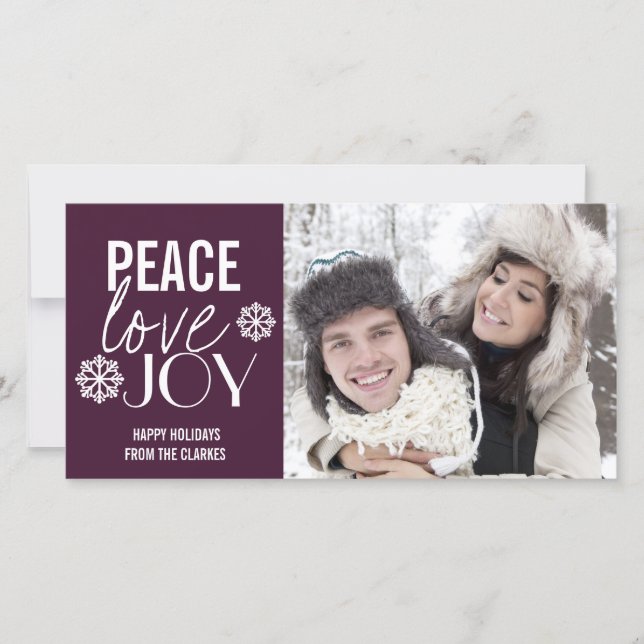 Peace Love Joy Purple Snow Holiday Photo Cards (Front)