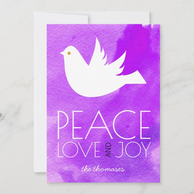 Peace love joy purple watercolor & dove Christmas Holiday Card (Front)