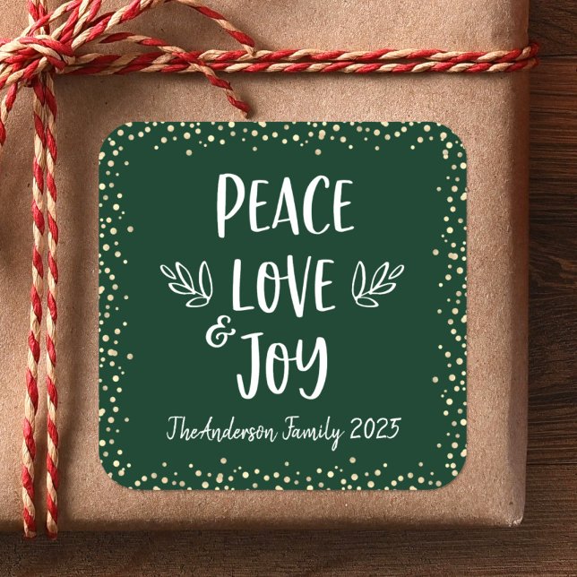 Peace Love Joy Quote Green Modern Typography Chic Square Sticker (Creator Uploaded)